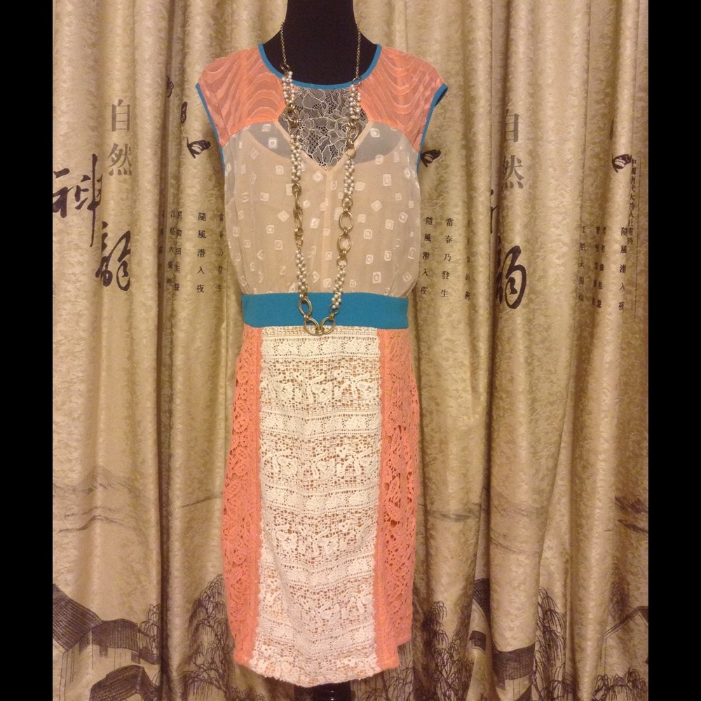 Anthropologie Coral and Cream Lace Dress